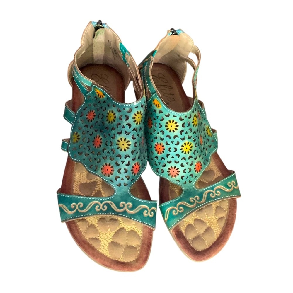 Corkys Elite Curaçao Turquoise Bohemian Leather Floral Sandals Flats Sz 39/9